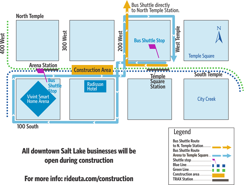 UTA Arena and Temple Square Construction Map 2019