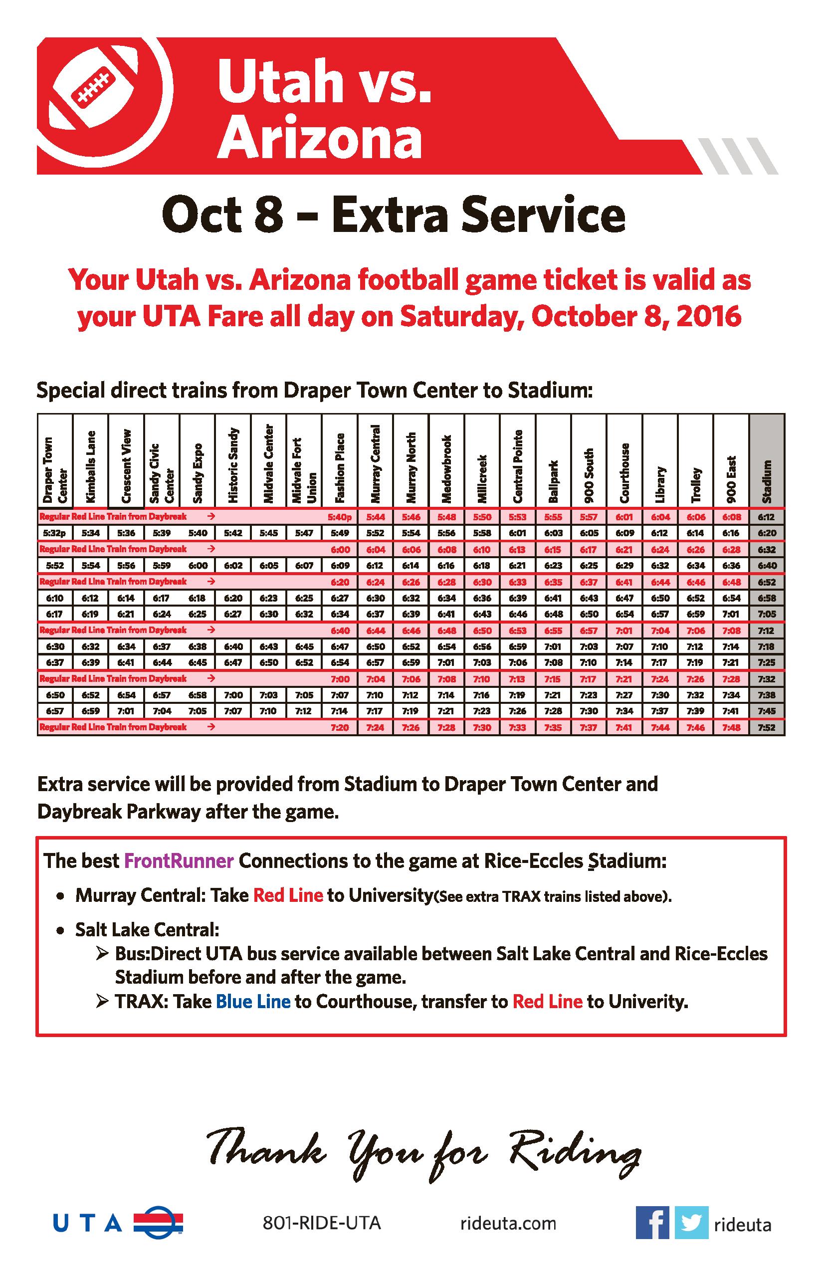 Ride UTA to Arizona vs Utah on October 8