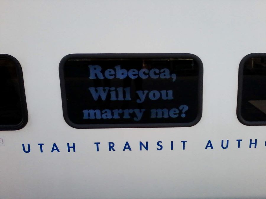 Rebecca and Grant UTA FrontRunner Proposal Sign